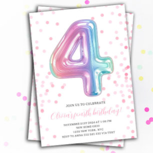 Rainbow Balloon 4th Birthday Girl Party Number Invitation