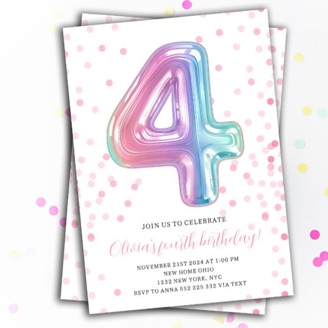 Rainbow Balloon 4th Birthday Girl Party Number Invitation (Rainbow Balloon Number 4th Birthday Girl Invitations)