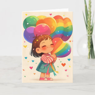 Rainbow Balloon Anime Girl Holiday Card