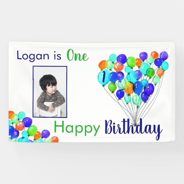 Rainbow BALLOON Boy 1st Birthday Photo Blue Green Banner (Horizontal)