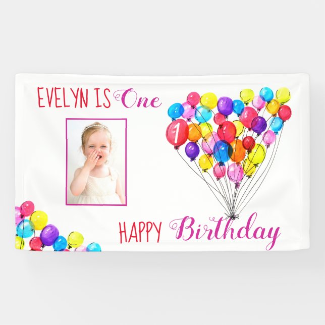 Rainbow BALLOON Girl 1st Birthday Photo Pink Banner (Horizontal)
