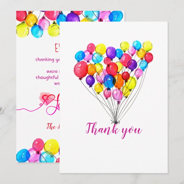 Rainbow BALLOON Girl 1st Birthday Pink Thank You Invitation (Front/Back)