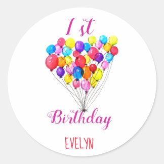 Rainbow BALLOON Girly 1st Birthday Watercolor Pink Classic Round Sticker