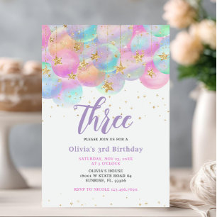 Rainbow Balloon Pink 3rd Birthday Party  Invitation