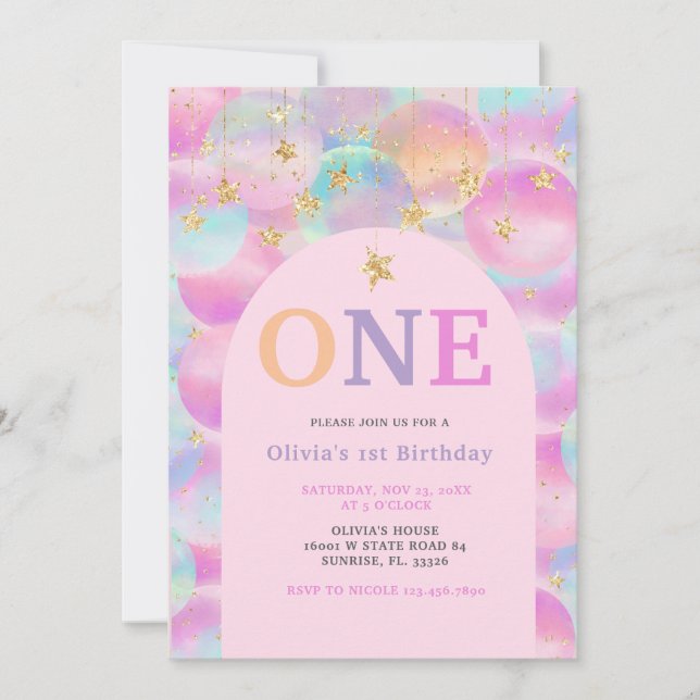 Rainbow Balloon Pink Arch 1st Birthday Party  Invitation (Front)