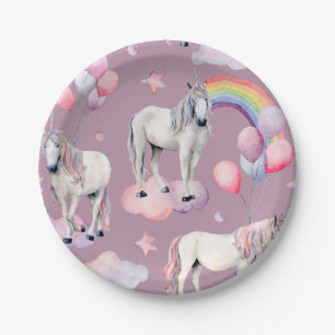 Rainbow Balloon Unicorn Purple Birthday Party Girl Paper Plate