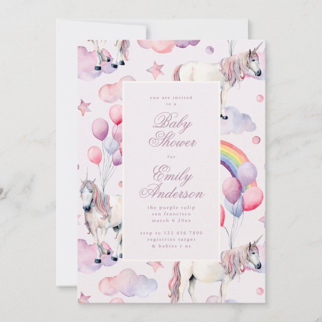 Rainbow Balloons Unicorn Baby Shower Party Girl Invitation (Front)