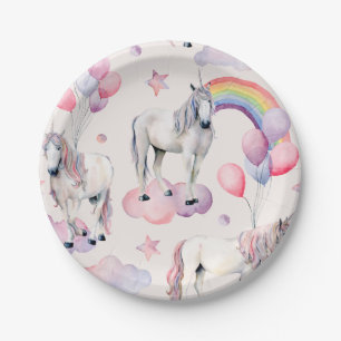 Rainbow Balloons Unicorn Pink Birthday Party Girl Paper Plate