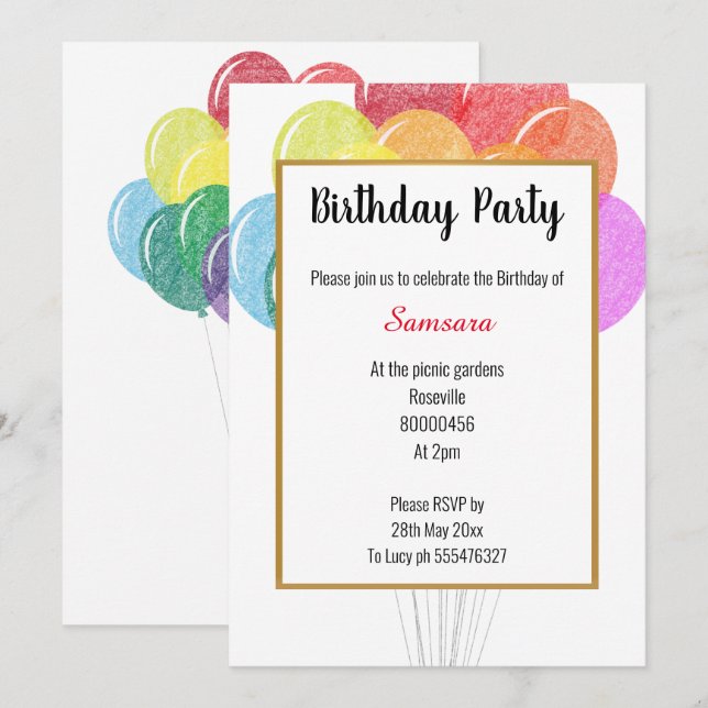 Rainbow Balloons White Birthday Invitation (Front/Back)