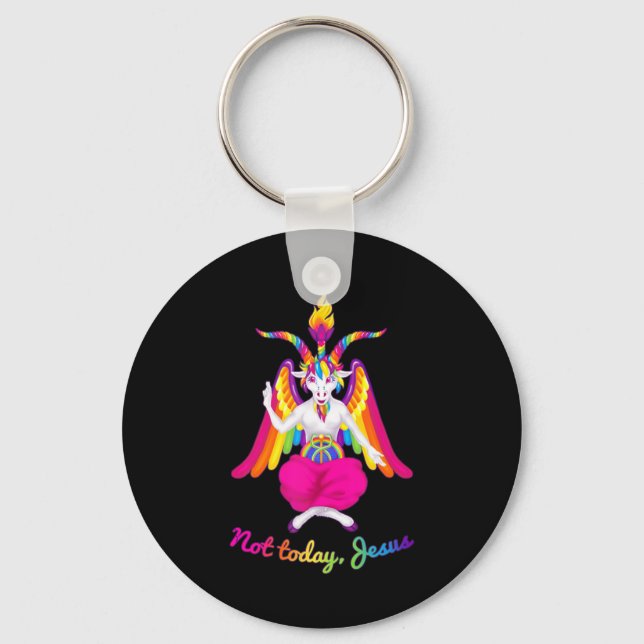 Rainbow Baphomet Not Today Jesus Kawaii Hail Satan Key Ring (Front)