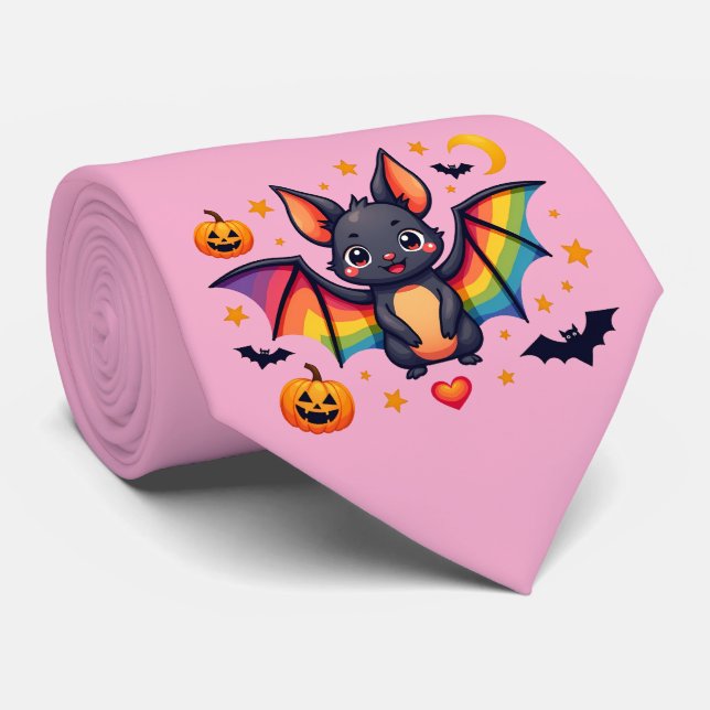 🦇🌈 Rainbow Bat Pumpkin Party Necktie (Rolled)