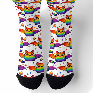 🦇🌈 Rainbow Bat Starburst Crew Socks