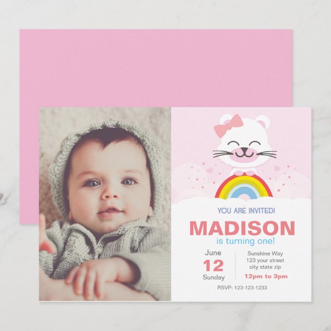 Rainbow Bear Birthday Invitation (Front/Back)
