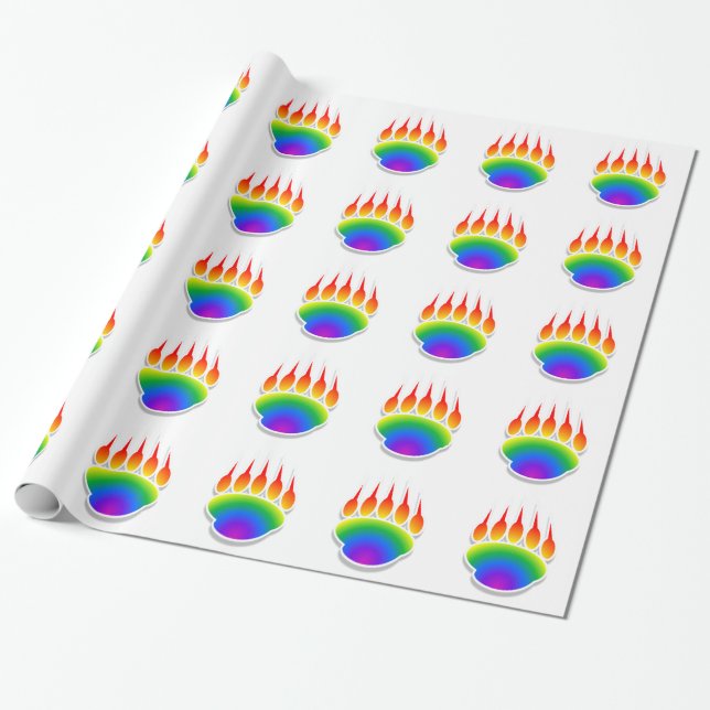 Rainbow Bear Paw Print Wrapping Paper (Unrolled)