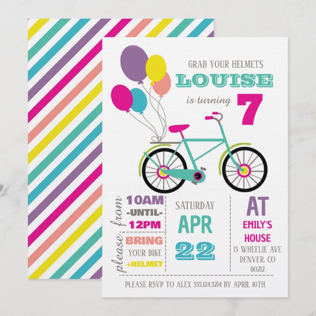 Rainbow Bicycle Birthday Party Invitation (Front/Back)