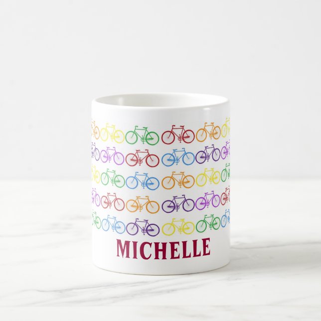 Rainbow Bicycle Cyclist Name Personalised Mug (Center)