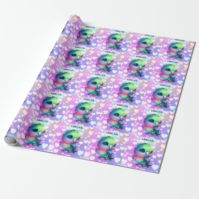 Rainbow Bird & Hearts Personalised Wrapping Paper (Unrolled)