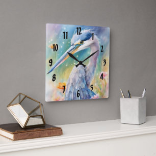 Rainbow Birds Blue Heron 2 Square Wall Clock