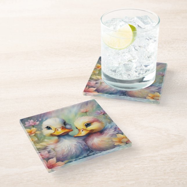 Rainbow Birds Duck 1 Glass Coaster (Angled)