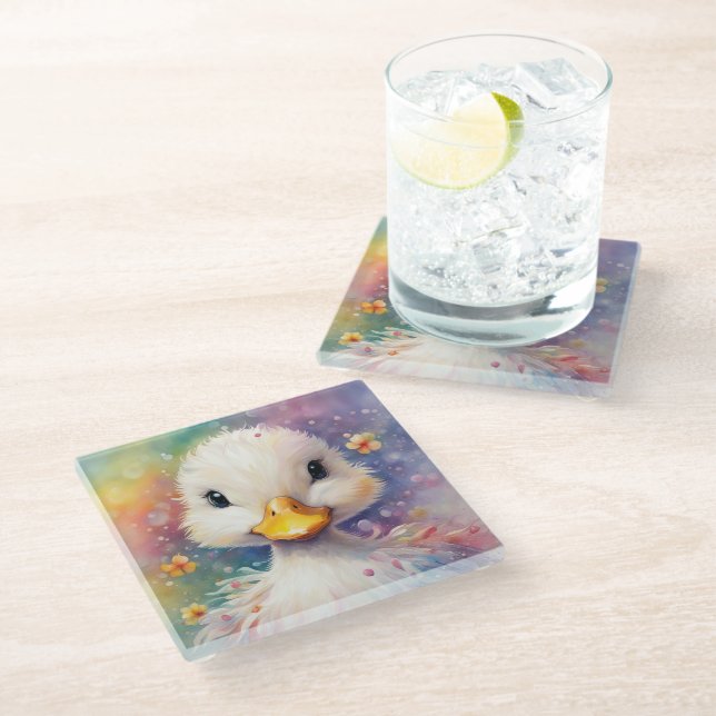 Rainbow Birds Duck 3 Glass Coaster (Angled)