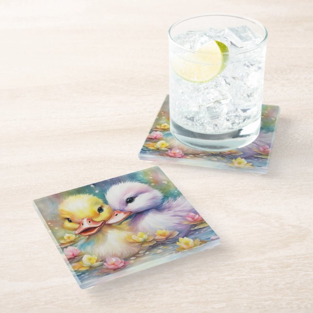 Rainbow Birds Duck 4 Glass Coaster (Angled)