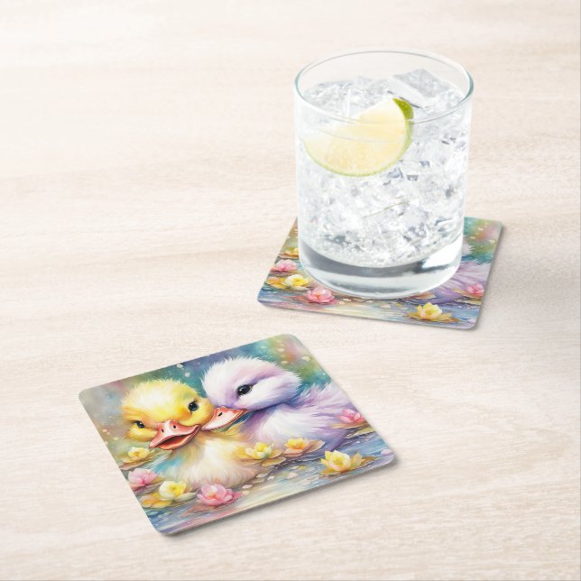 Rainbow Birds Duck 4 Square Paper Coaster (Insitu)