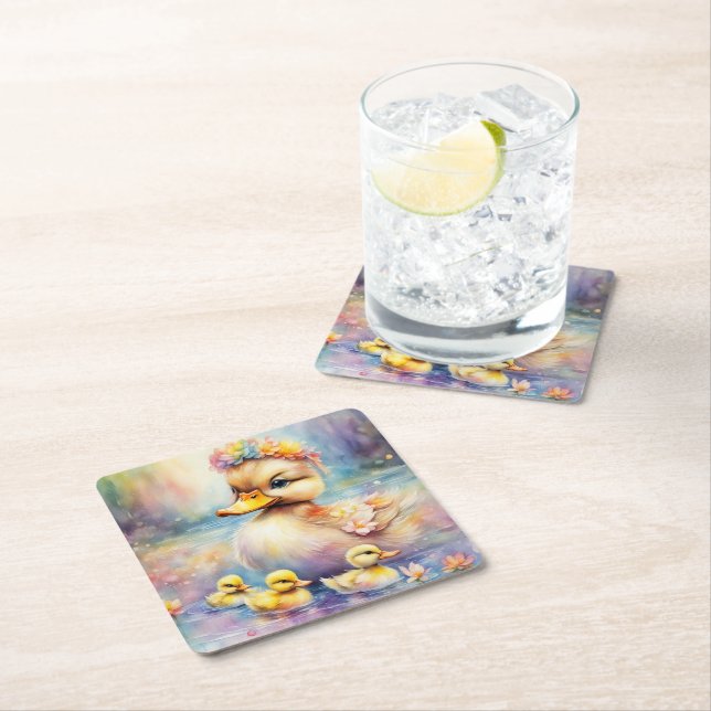 Rainbow Birds Duck 5 Square Paper Coaster (Insitu)