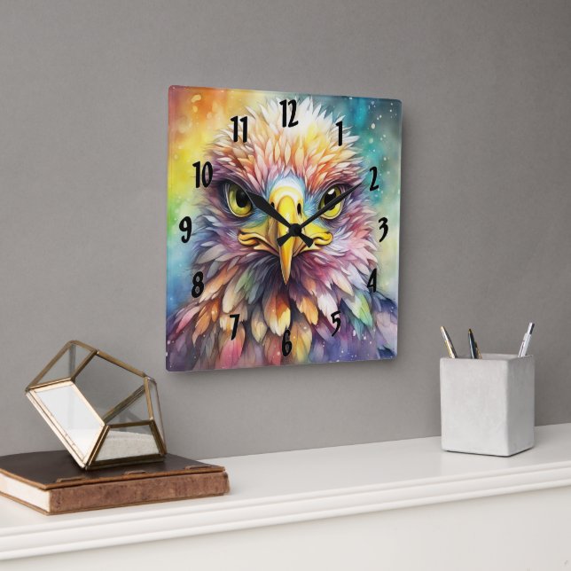 Rainbow Birds Eagle 1 Square Wall Clock (Office)