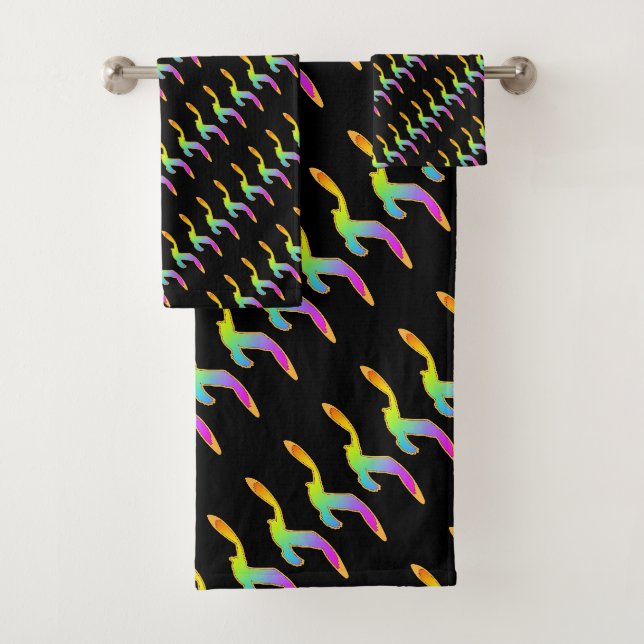 Rainbow Birds In Flight Black  Bath Towel Set (Insitu)
