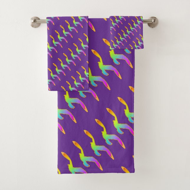 Rainbow Birds In Flight Purple Bath Towel Set (Insitu)