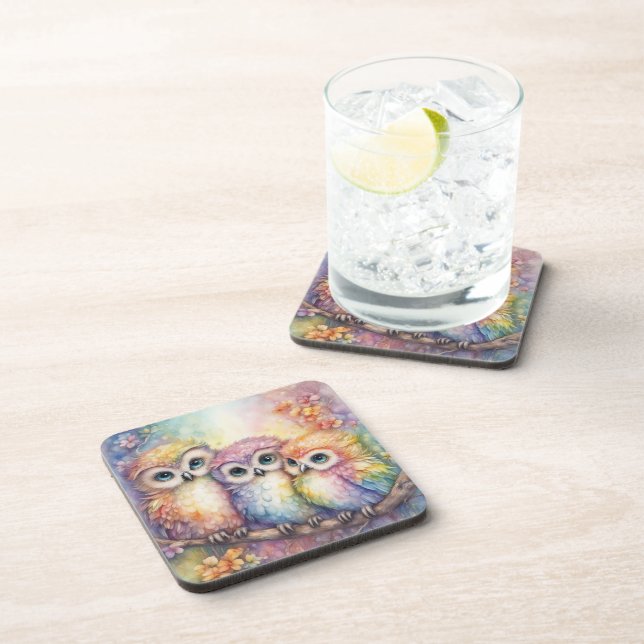 Rainbow Birds Owls 1 Coaster (Right Side)
