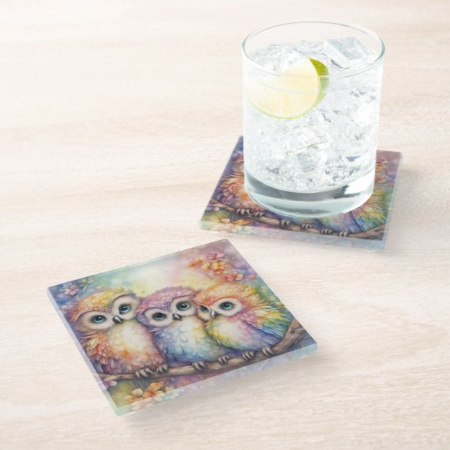 Rainbow Birds Owls 1 Glass Coaster (Angled)