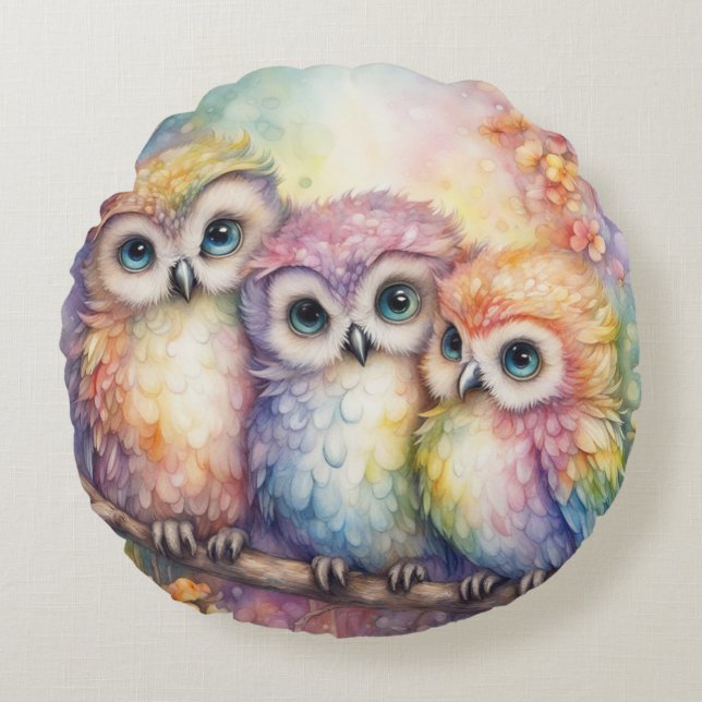 Rainbow Birds Owls 1 Round Cushion (Front)