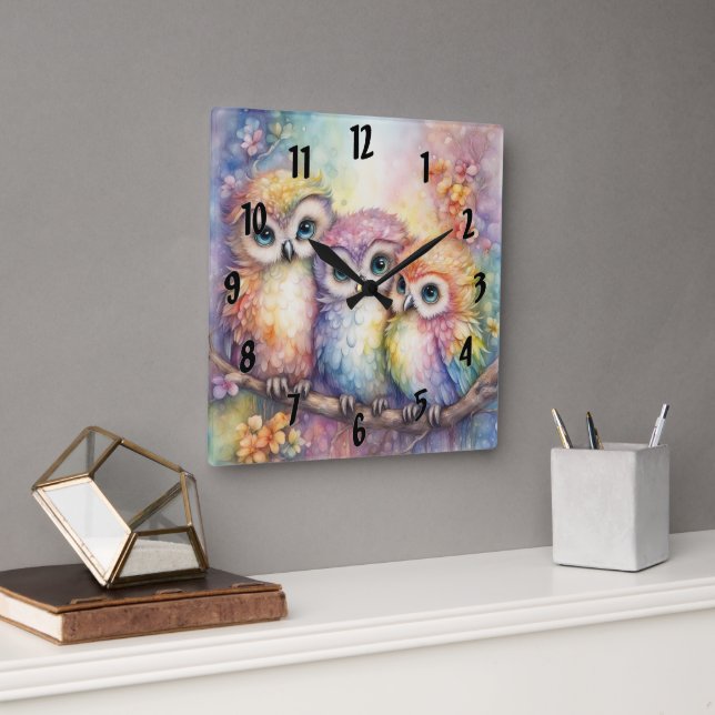 Rainbow Birds Owls 1 Square Wall Clock (Office)