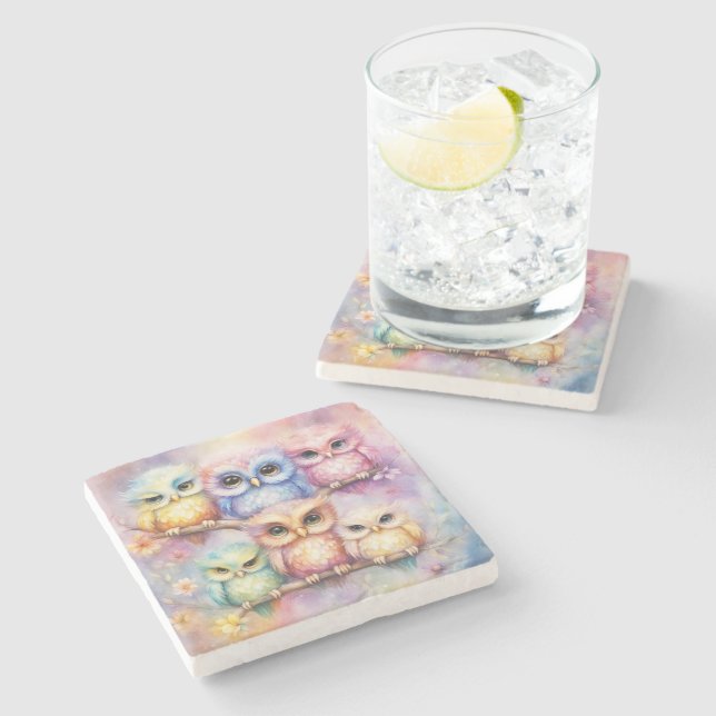 Rainbow Birds Owls 3 Stone Coaster (Side)