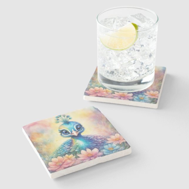 Rainbow Birds Peacock 1 Stone Coaster (Side)