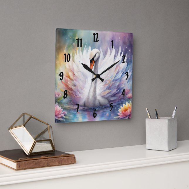 Rainbow Birds Swan 1 Square Wall Clock (Office)