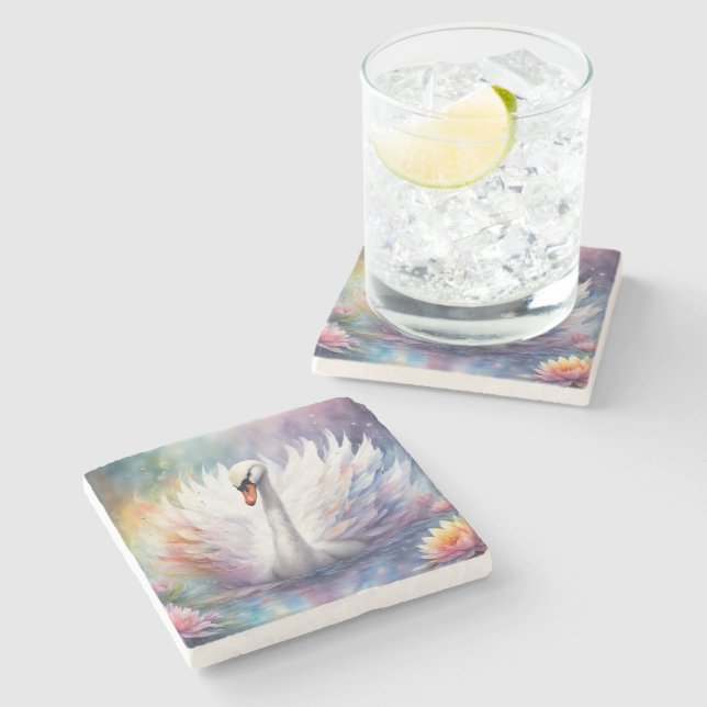 Rainbow Birds Swan 1 Stone Coaster (Side)