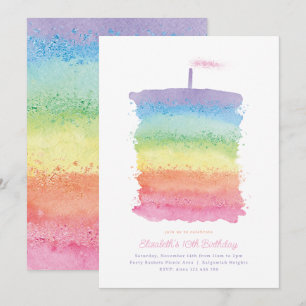 Rainbow Birthday Cake Invite, Rainbow 1st Party Invitation