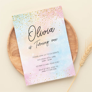 Rainbow Birthday Colourful Watercolor Gold Glitter Invitation