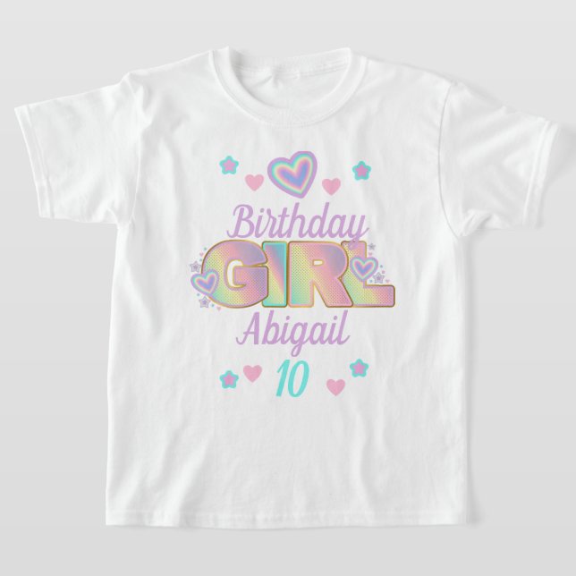 Rainbow Birthday Girl custom age Iridescent  T-Shirt (Laydown)