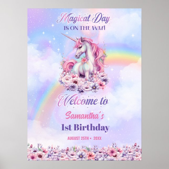 Rainbow Birthday Girls Pastel magic unicorn Poster (Front)