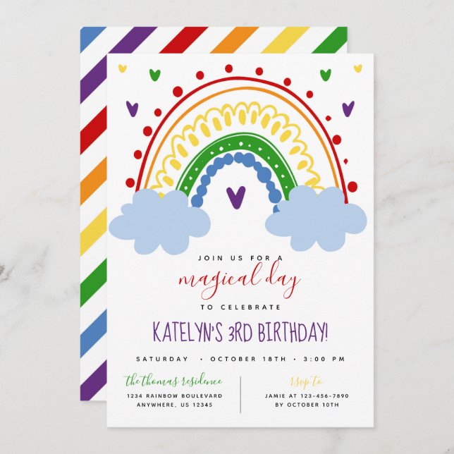 Rainbow Birthday Invitation in Primary Colours (Front/Back)