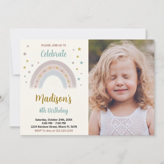 Rainbow Birthday Invitation with photo (Front)