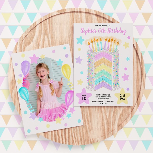 Rainbow Birthday Party Cake With Photo For Girls Invitation (Girls' Rainbow Cake Birthday Invitation)