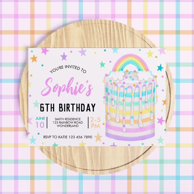 Rainbow Birthday Party for Girls 6th Birthday Invitation (Girls' Rainbow Cake Birthday Invitation)