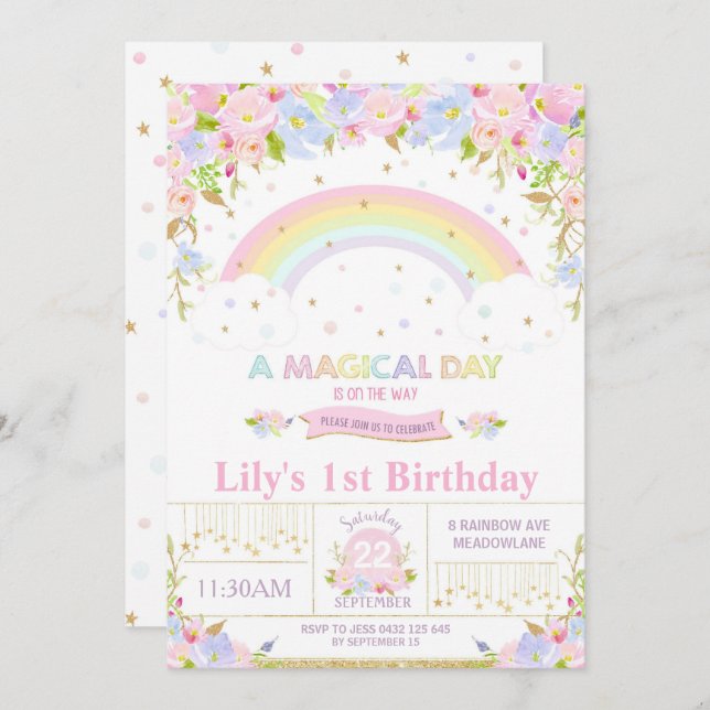 Rainbow Birthday Party Invitation Floral Girl (Front/Back)