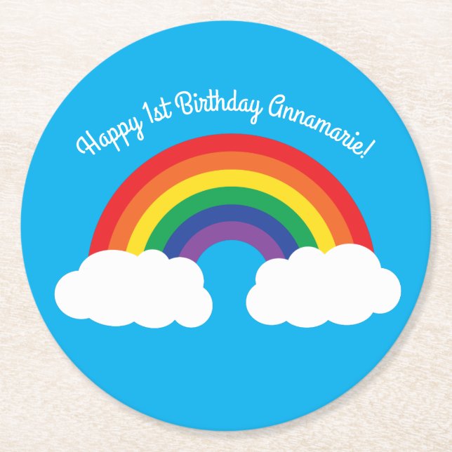 Rainbow Birthday Party Round Paper Coaster (Front)