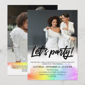 Rainbow Black Brush Script Let's Party Photo Invitation
