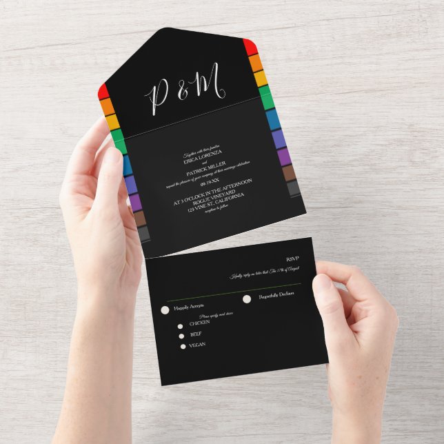 Rainbow Black Minimalist Elegant Script  All In One Invitation (Tearaway)